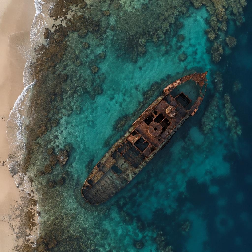 Vue aérienne en drone d’un récif peu profond avec épave visible sous l’eau, lumière du crépuscule et composition inclinée.
