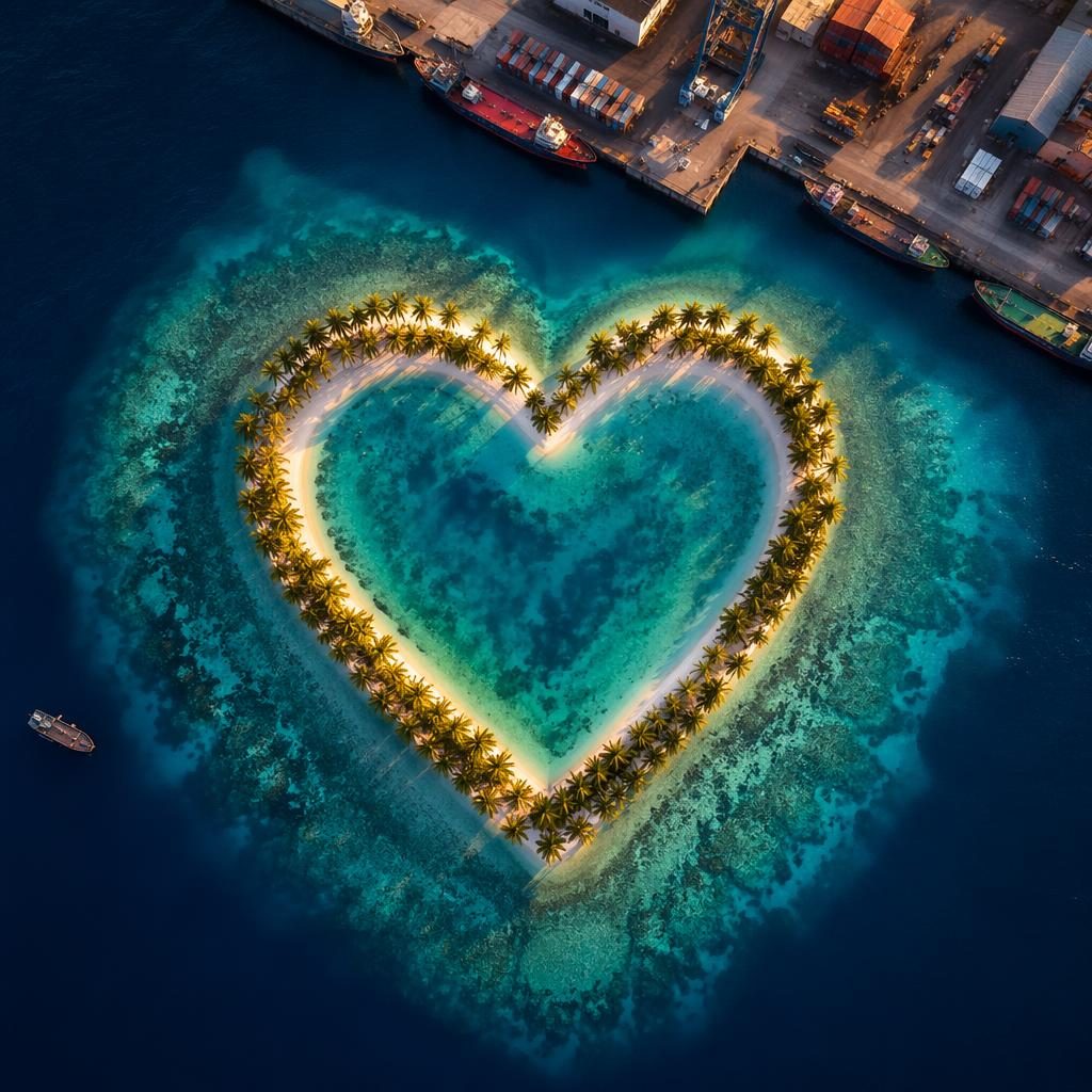 Drone overhead photo of an industrial port beside a heart-shaped palm atoll at dusk, with tilted composition and vivid tropical tones.
