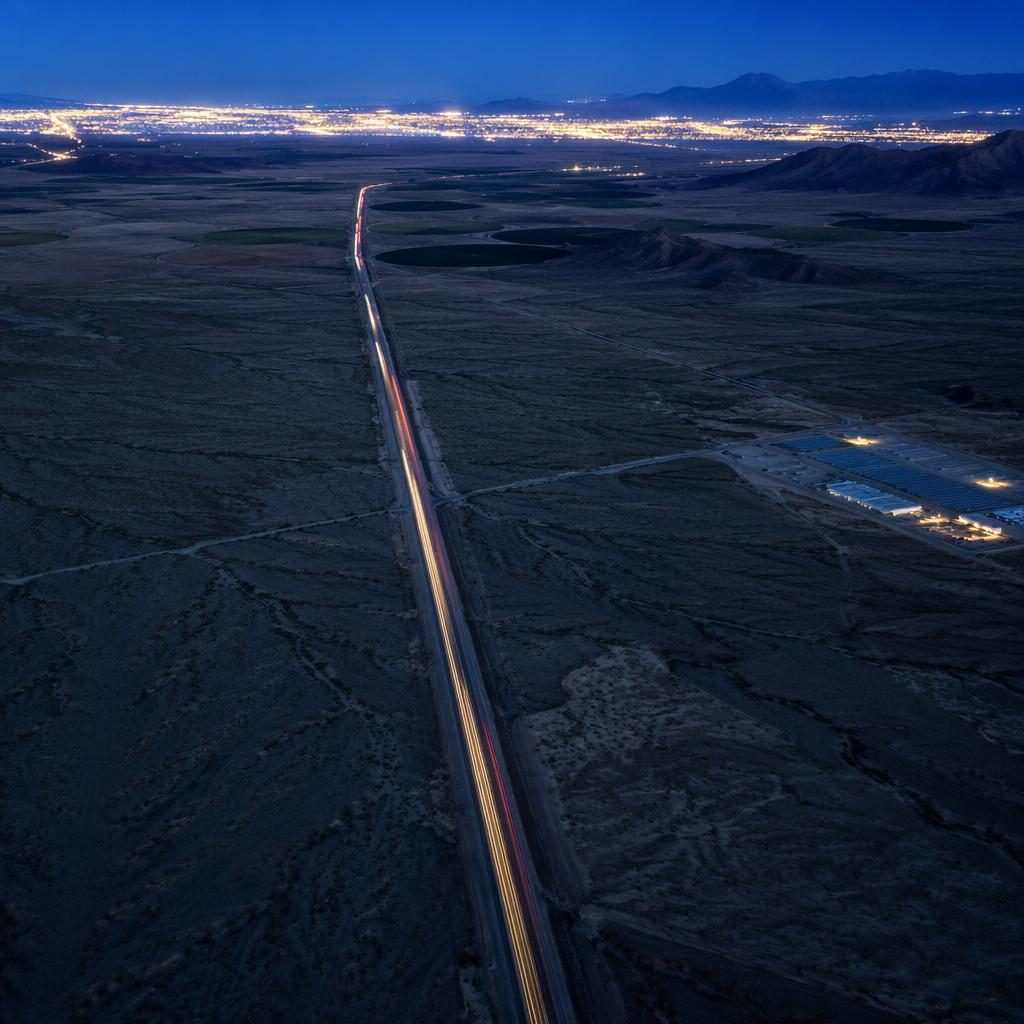 Drone aerial view of a straight Nevada desert highway by patchwork farm fields at night with distant city lights in cool blue tones.