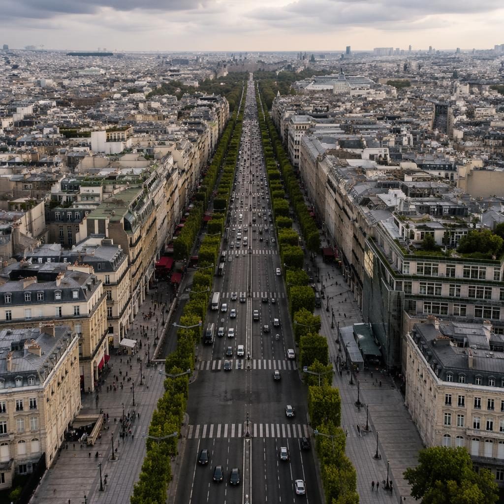 Vue aérienne par drone d’un resort avec piscine à débordement, angle plongeant, ciel couvert et motif Paris Champs-Élysées