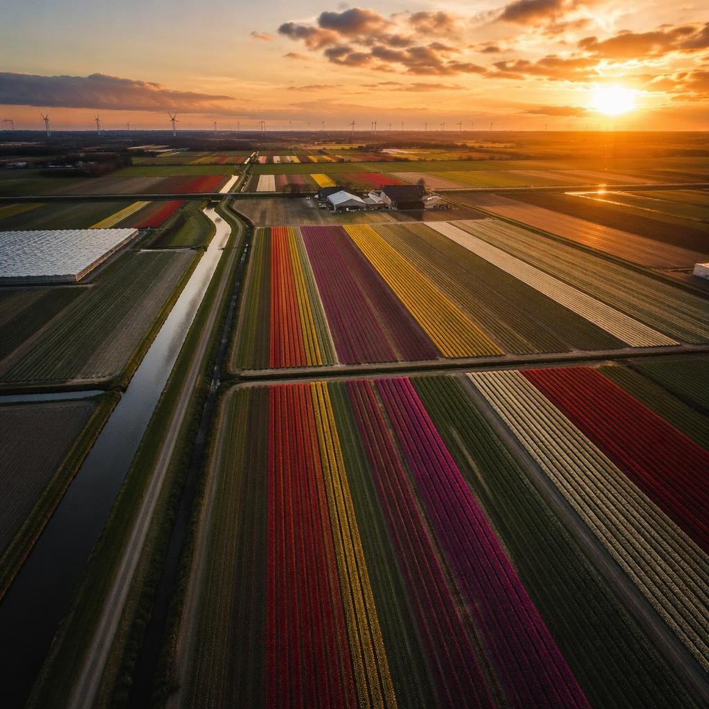 Top-down-Drohnenansicht von gestreiften Tulpenfeldern an einer Küste mit Klippen, Strand und entfernten Stadtlichtern bei Nacht.