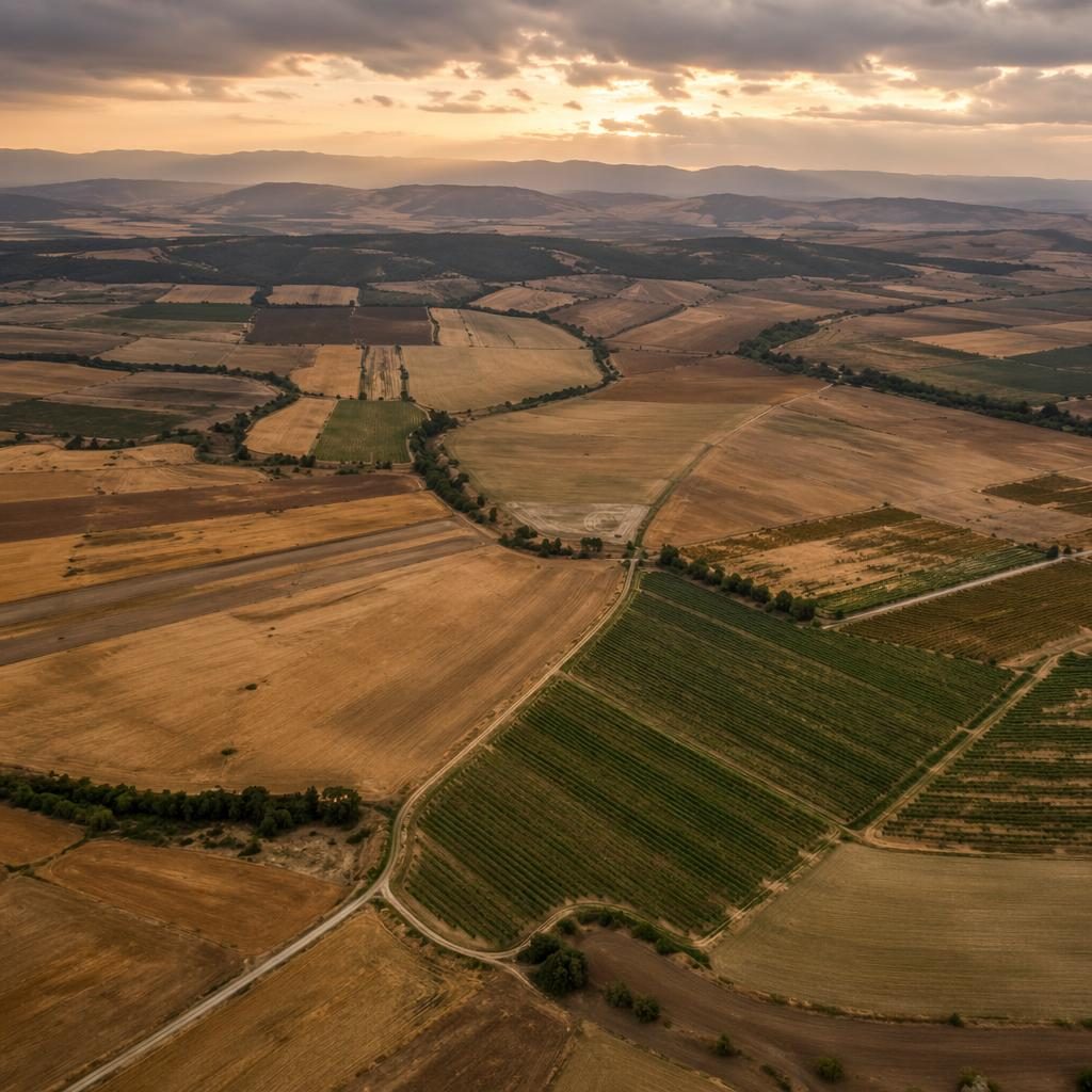 Vista aérea con dron de campos agrícolas en mosaico y las pirámides de Giza al amanecer, con luz suave y tonos cálidos.