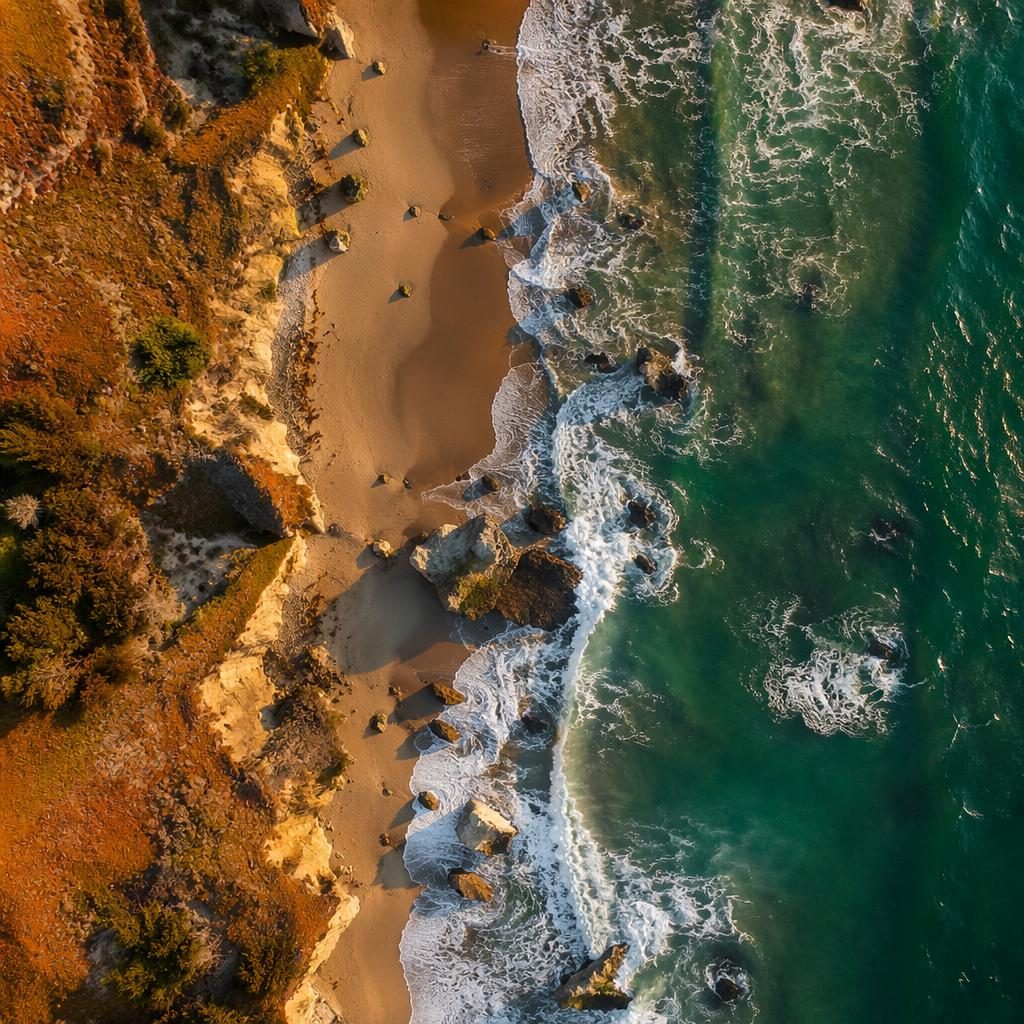 Straight-down aerial view of a sandy beach bordered by rugged coastal cliffs in golden hour light.
