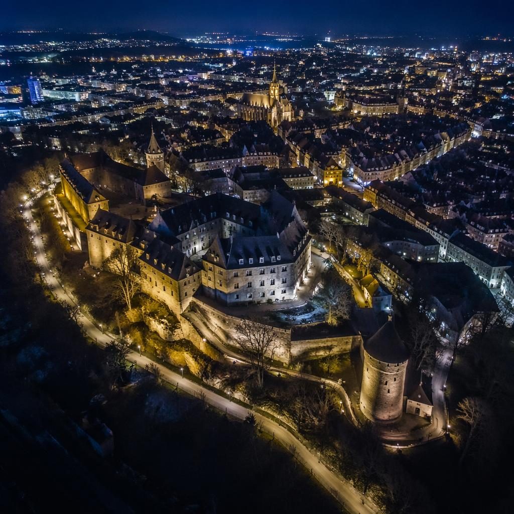Drohnenaufnahme aus der Vogelperspektive: tropische Insel bei Nacht mit Stadtlichtern, weiter Panoramaansicht.