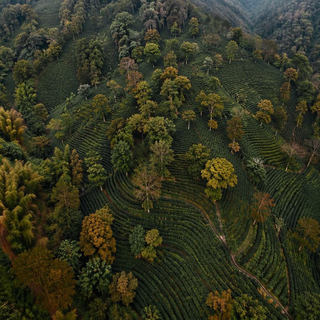 Drone aerial view of autumn-toned coffee farm terraces in Colombia under soft overcast light, with sharp top-down detail.