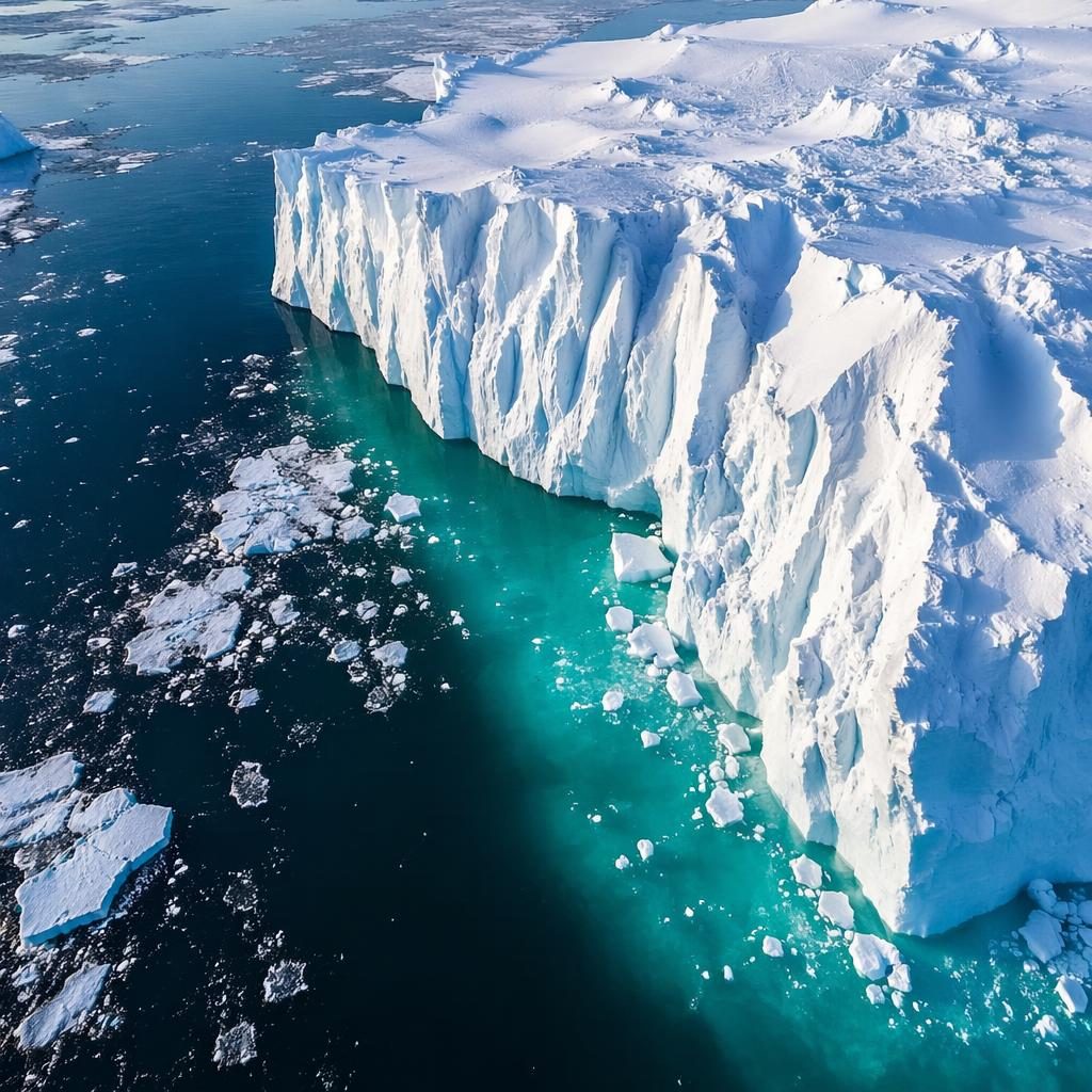 Drohnenaufnahme eines schmelzenden Eisbergs vor Grönland bei Dämmerung, mit geneigter Perspektive und klarem Detail.