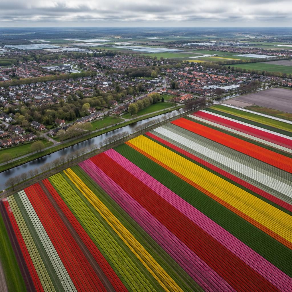 Vista aérea con dron de campos de tulipanes en franjas de color en Países Bajos, cielo nublado y detalle top-down