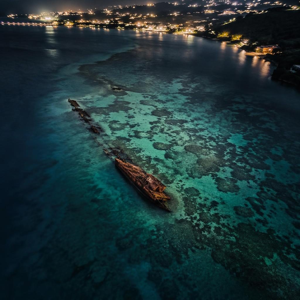 Top-down drone view of ancient ruins and a shipwreck reef in shallow water at night with nearby city lights.
