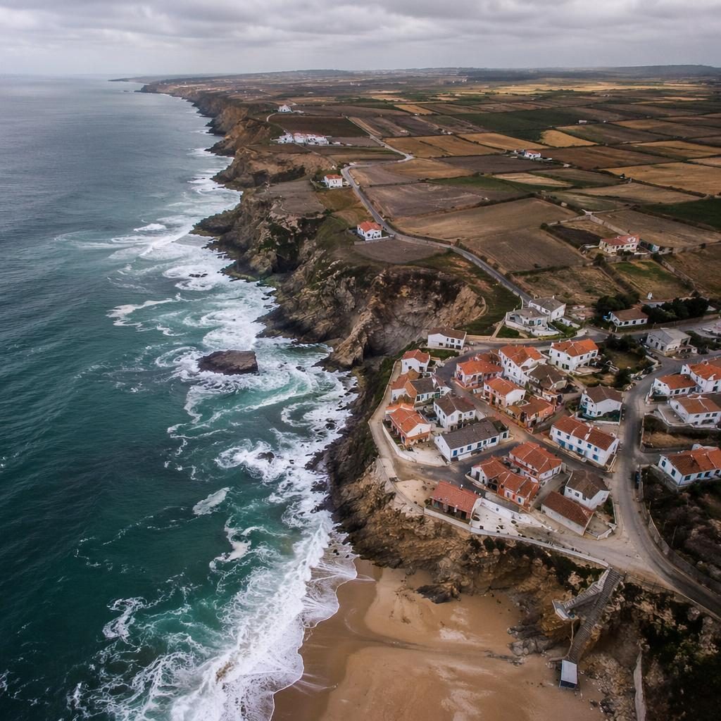 Drone aerial view of patchwork autumn farm fields above Portugal cliffs near a fishing village under soft overcast light.