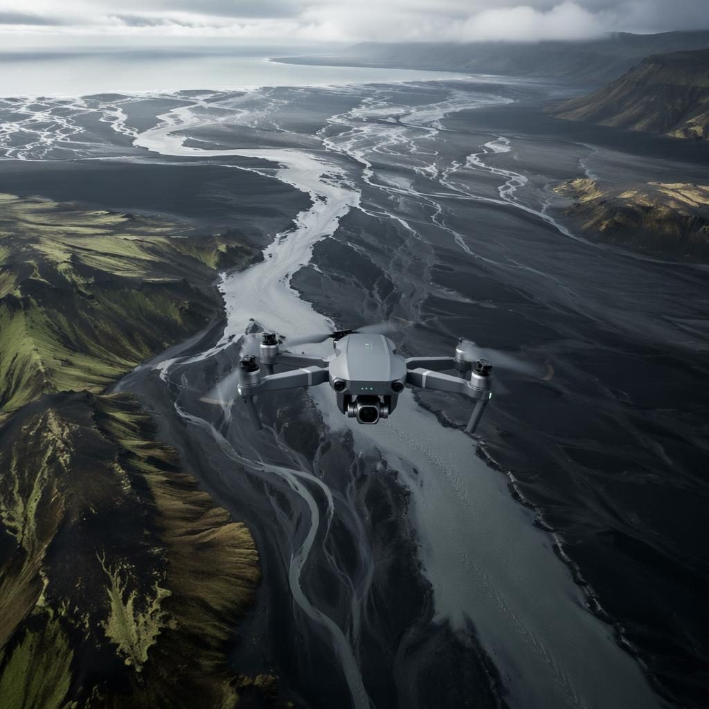 Drone aerial view of an Icelandic river delta over black sand, sweeping through a valley under soft overcast light.