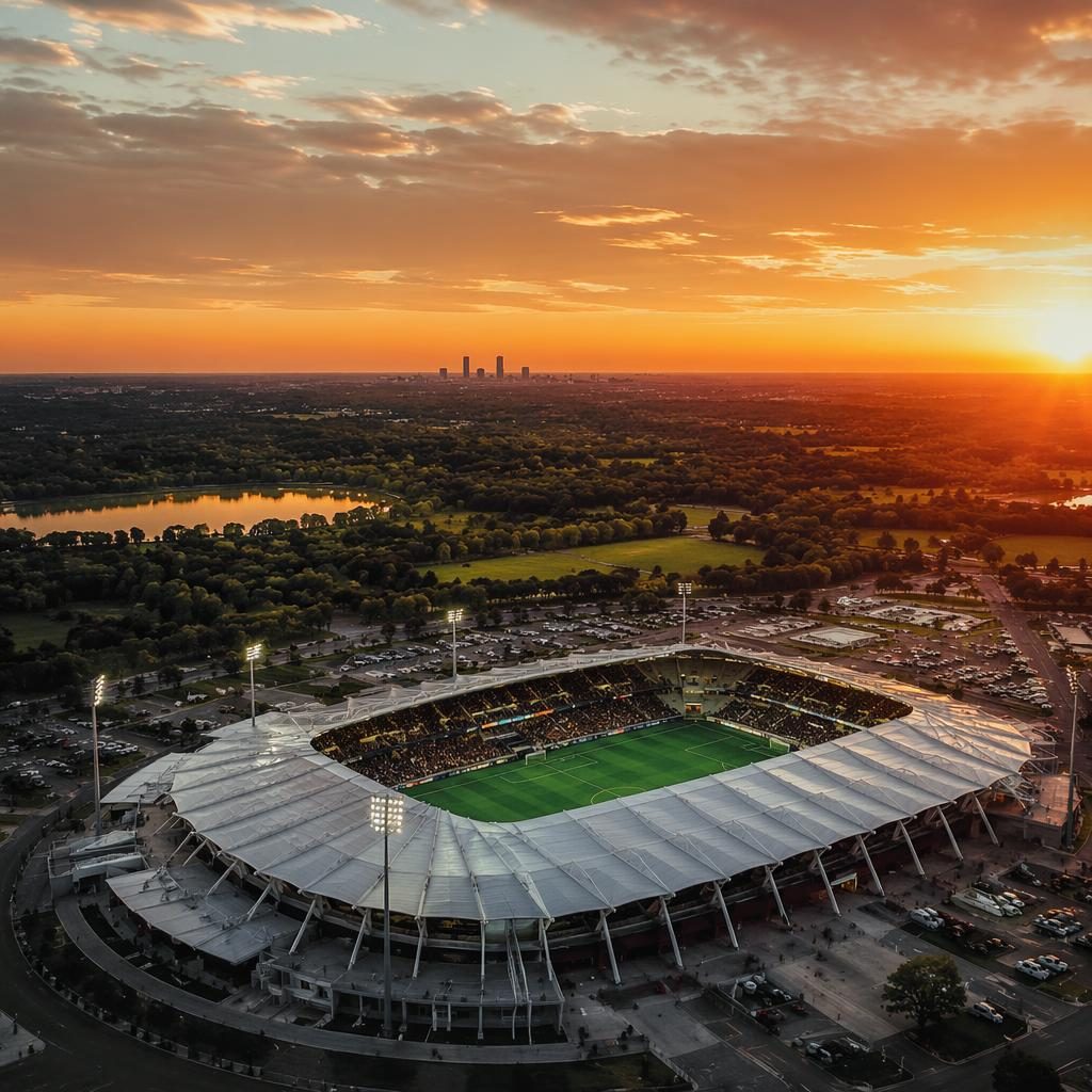 Luftbild eines Fußballstadions bei Sonnenuntergang aus hoher Drohnenperspektive mit dramatischem Himmel.