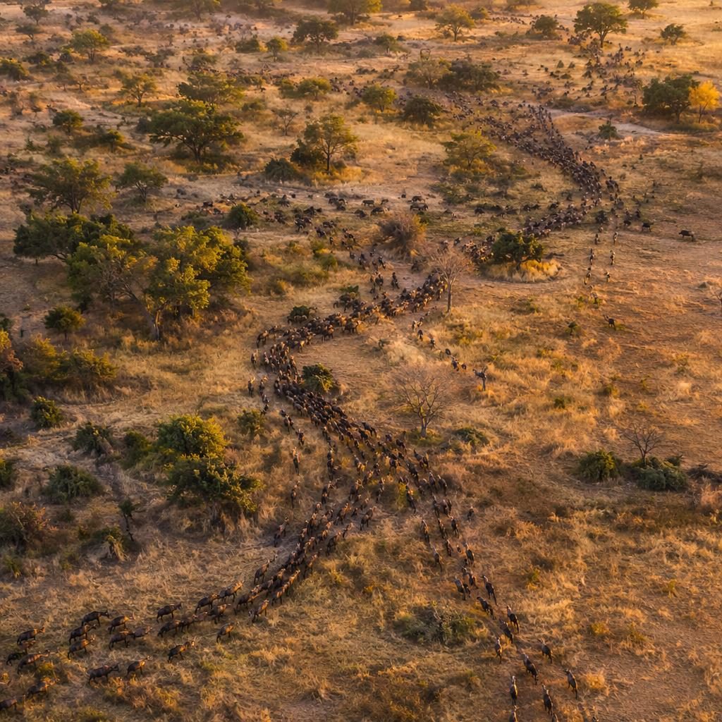 Drohnenaufnahme einer wandernden Savannenherde von oben bei weichem Abendlicht, detailreich und fotorealistisch