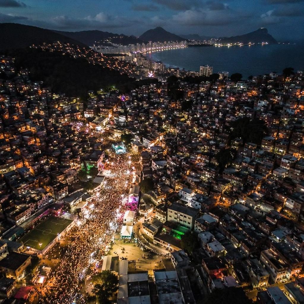 Top-down drone view of a tropical island favela carnival at night with city lights, pastel vintage film tones.