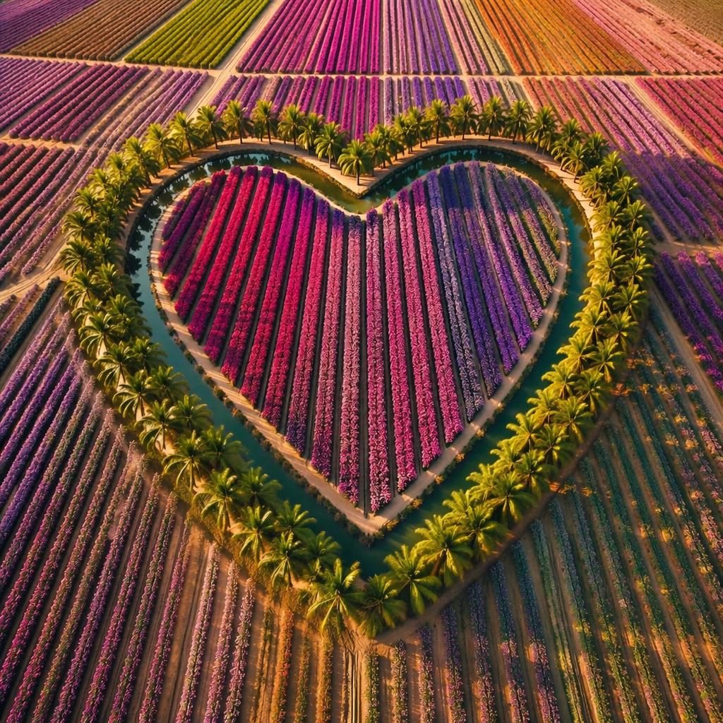 Vue aérienne d’un atoll en forme de cœur bordé de palmiers, avec champs de lavande et tulipes colorés.