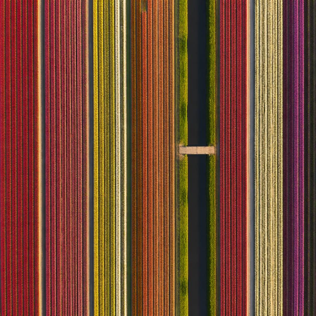 Top-down drone view of striped tulip fields in the Netherlands at golden hour with sharp detail and realistic color.