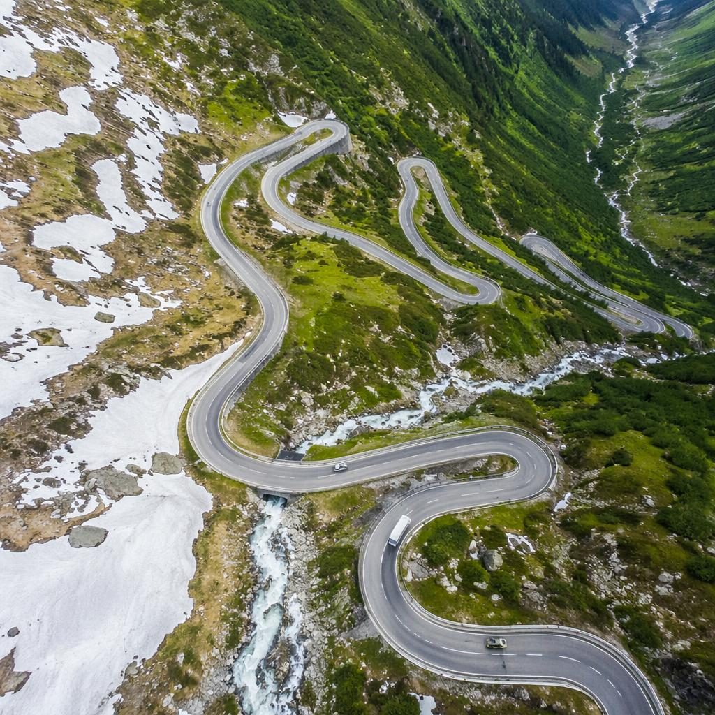 Drone aerial view of ancient ruins beside alpine highway switchbacks and blue ocean under clear noon light
