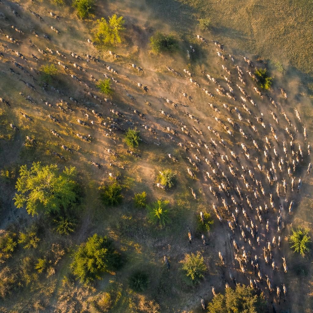 Top-down drone view of a migrating savannah herd at golden hour, with detailed animal patterns across open grassland.