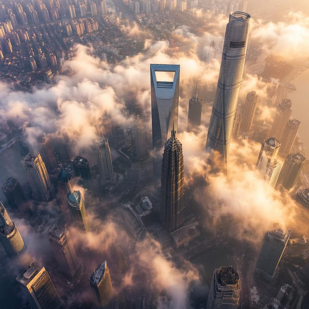 Vue aérienne verticale d’une canopée de forêt d’automne dorée, avec un cluster de gratte-ciel de Shanghai dans le brouillard
