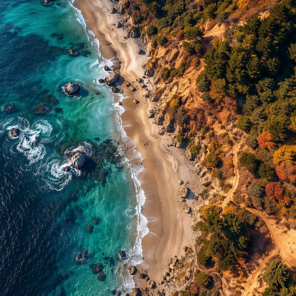 Photo aérienne par drone d’une plage côtière avec falaises, vue plongeante nette à midi sous ciel dégagé.