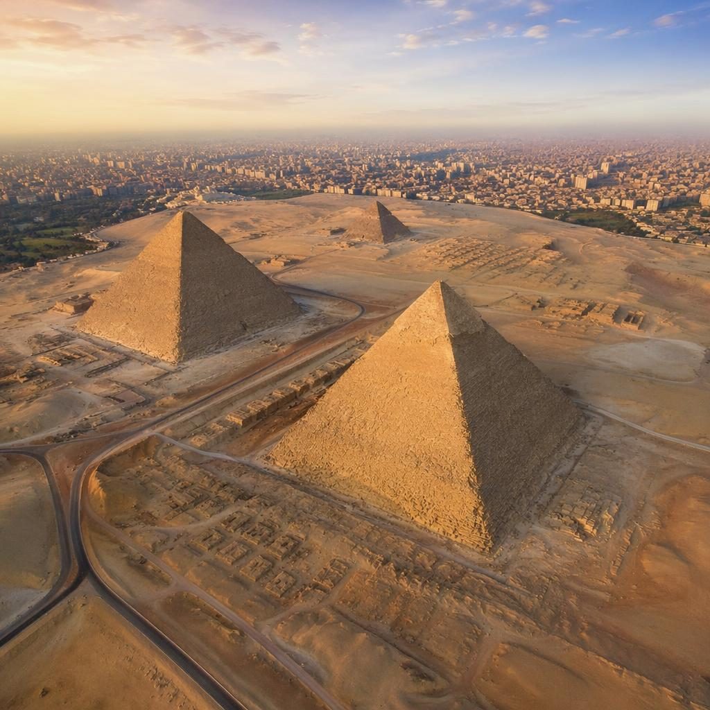 Drone aerial view of vineyard rows leading toward the Giza pyramids in clear noon light, vivid HDR detail.