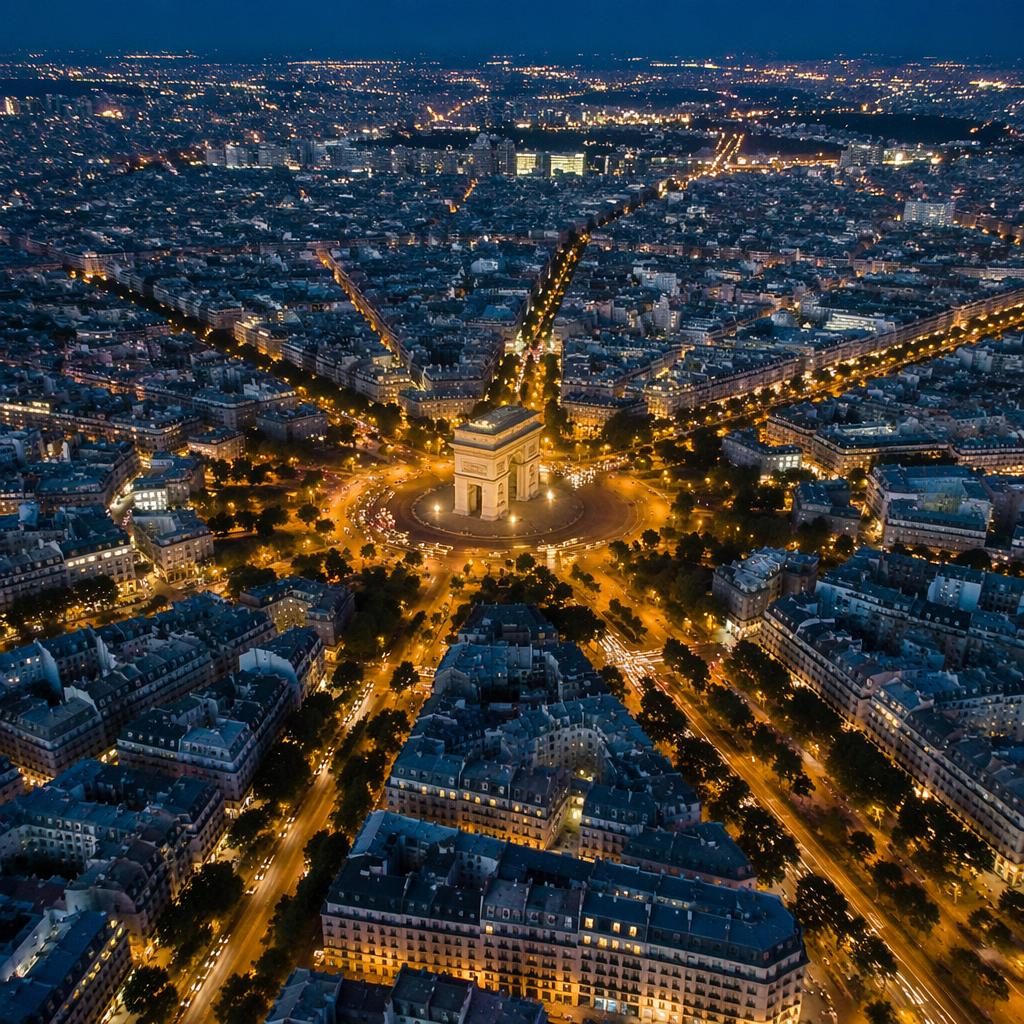 Drohnenaufnahme einer dichten Pariser Skyline bei Nacht, Weitwinkel von oben mit leuchtenden Straßen und vintage Farblook.