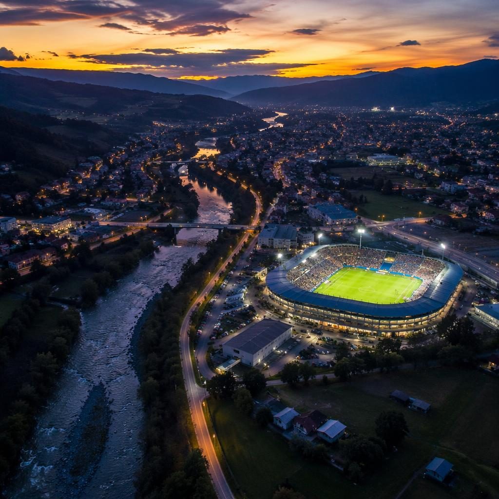 Vista aérea oblicua con dron de un estadio de fútbol al atardecer, rodeado por valle y río en hora azul