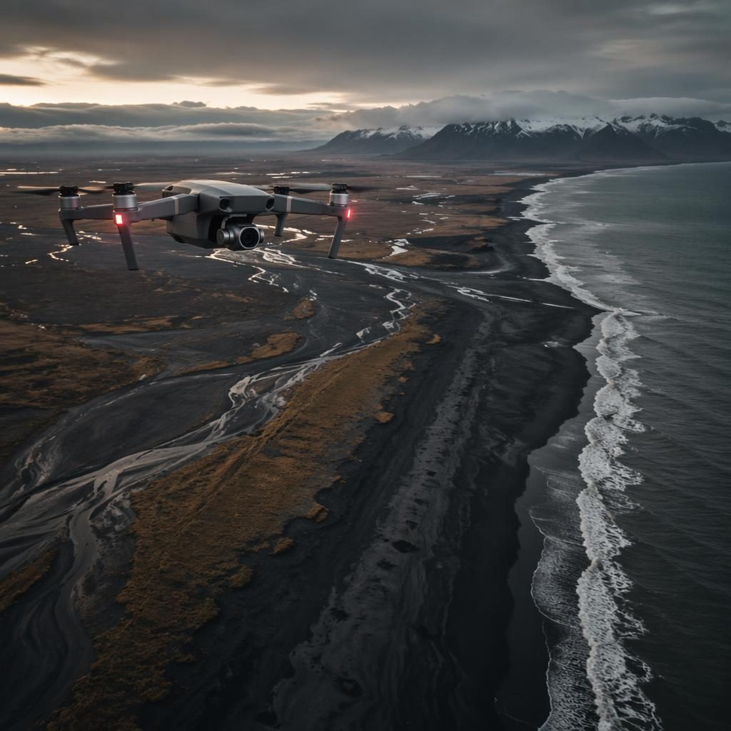 Drone aerial view at night of black sand delta terrain and suburban-style lights, wide panoramic top-down scene.