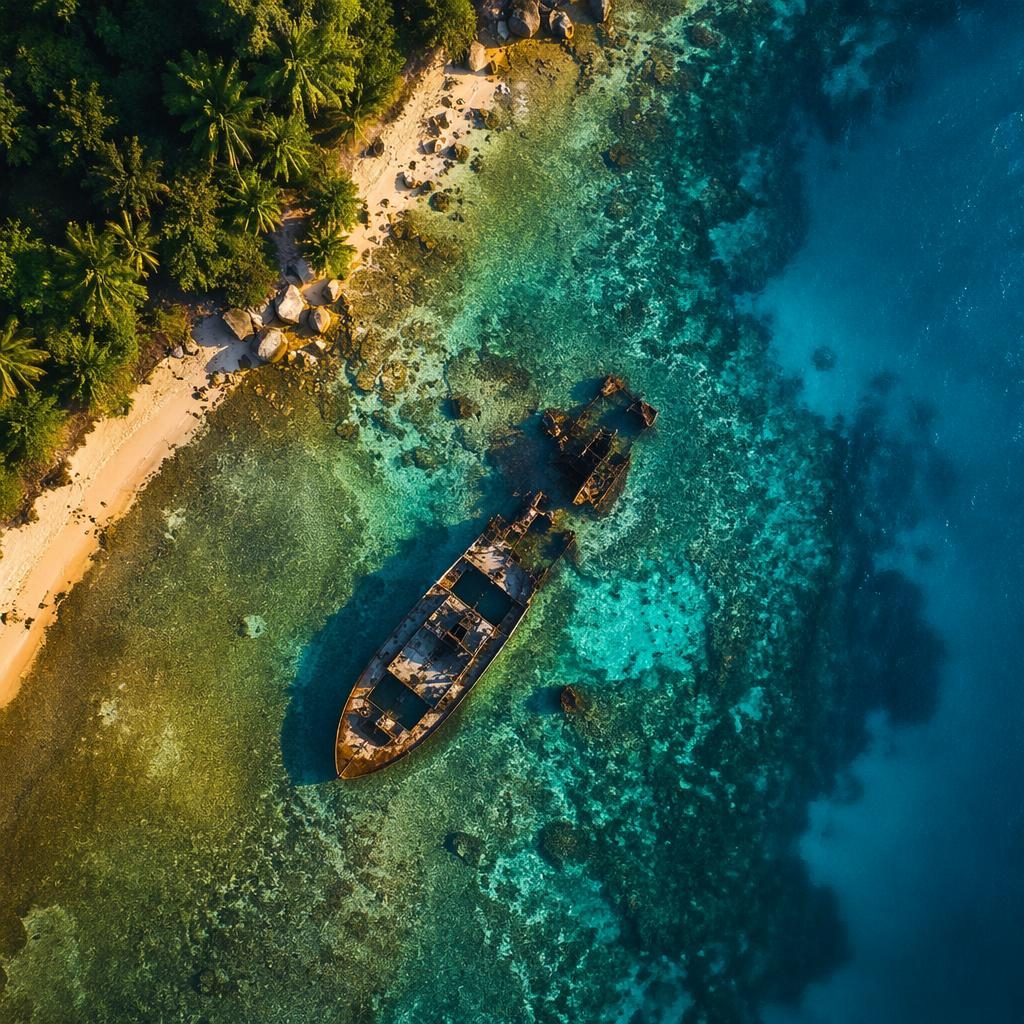 Top-down drone view of a tropical island shipwreck reef in shallow turquoise water at golden hour