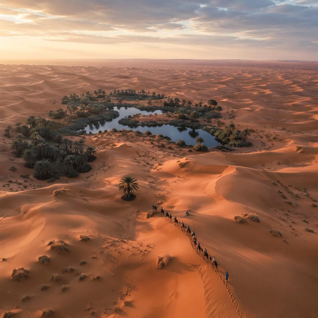 Photo aérienne verticale de dunes du Sahara avec oasis et caravane à l’aube, lumière douce sous ciel couvert.
