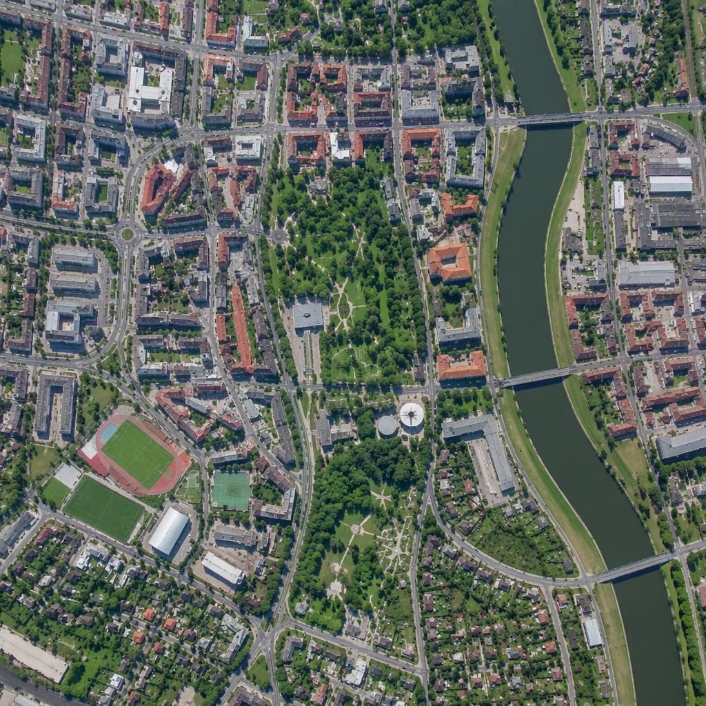 Kolmý dronový snímek moderního českého města s ulicemi, parky, řekou a přehledně členěnými čtvrtěmi.
