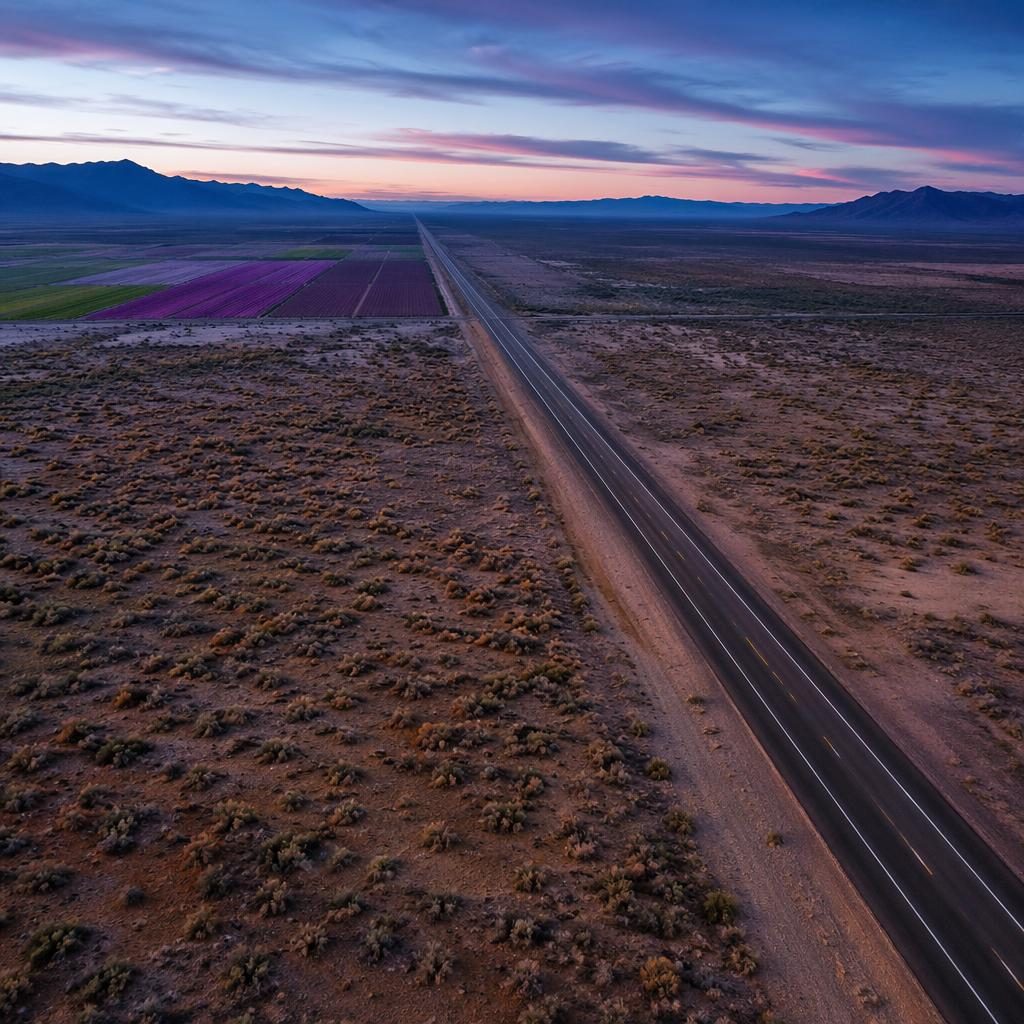 Drone aerial view at blue hour of a straight desert highway beside lavender and tulip fields in autumn tones.
