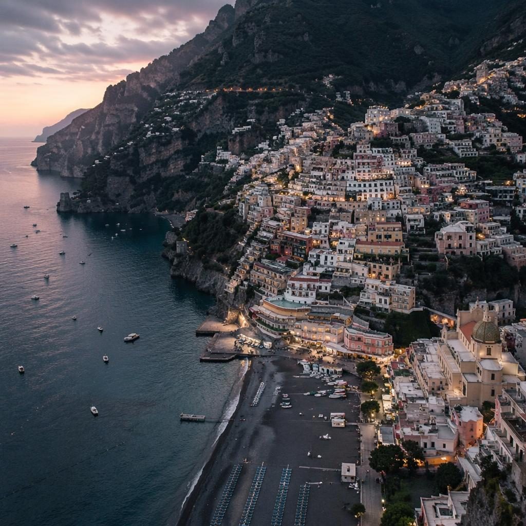 Drone aerial view of an Amalfi Coast village at dusk with snowy rooftops, muted pastel tones, and an overcast sky.