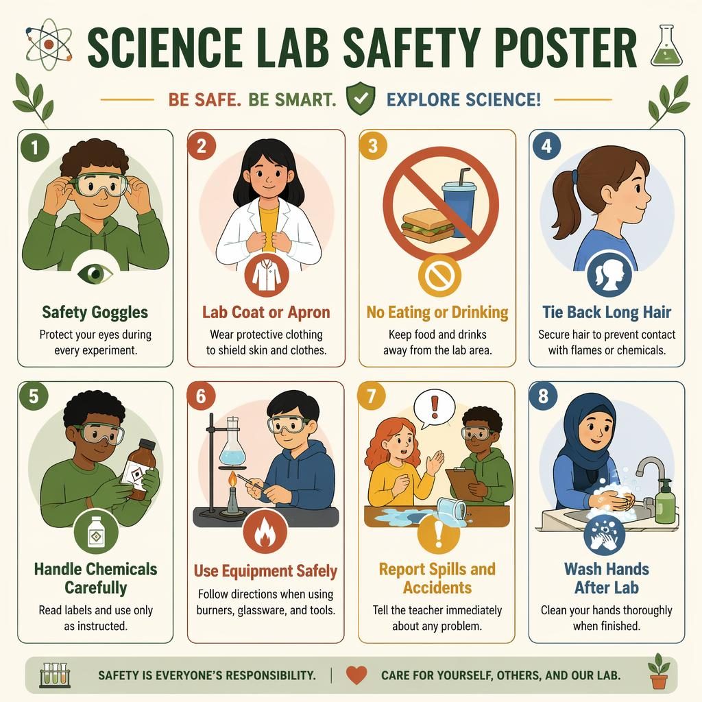 Educational science lab safety poster with 8 illustrated rule cards, diverse students, lab icons, and warm modern design