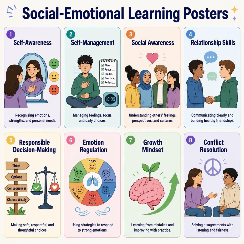 8-card SEL posters infographic for teens with pastel icons, English labels, and inclusive flat illustrations.