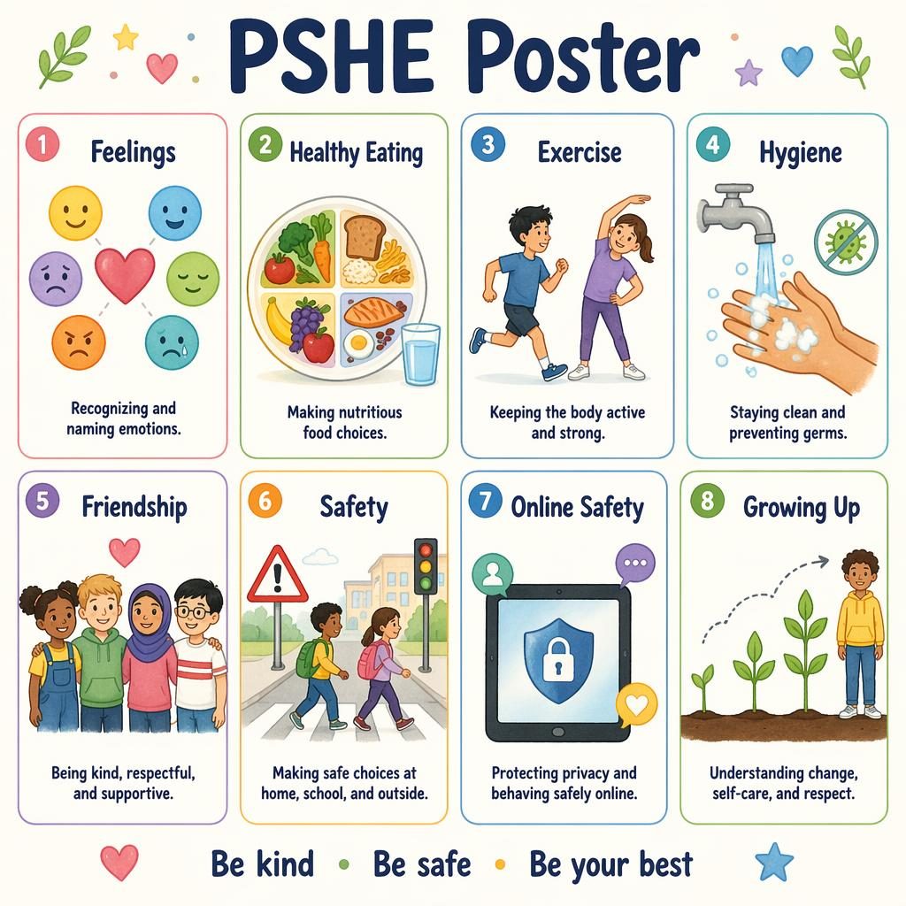 Grid infographic pshe poster with 8 kids' health and wellbeing cards, icons, English labels, and soft classroom colors.