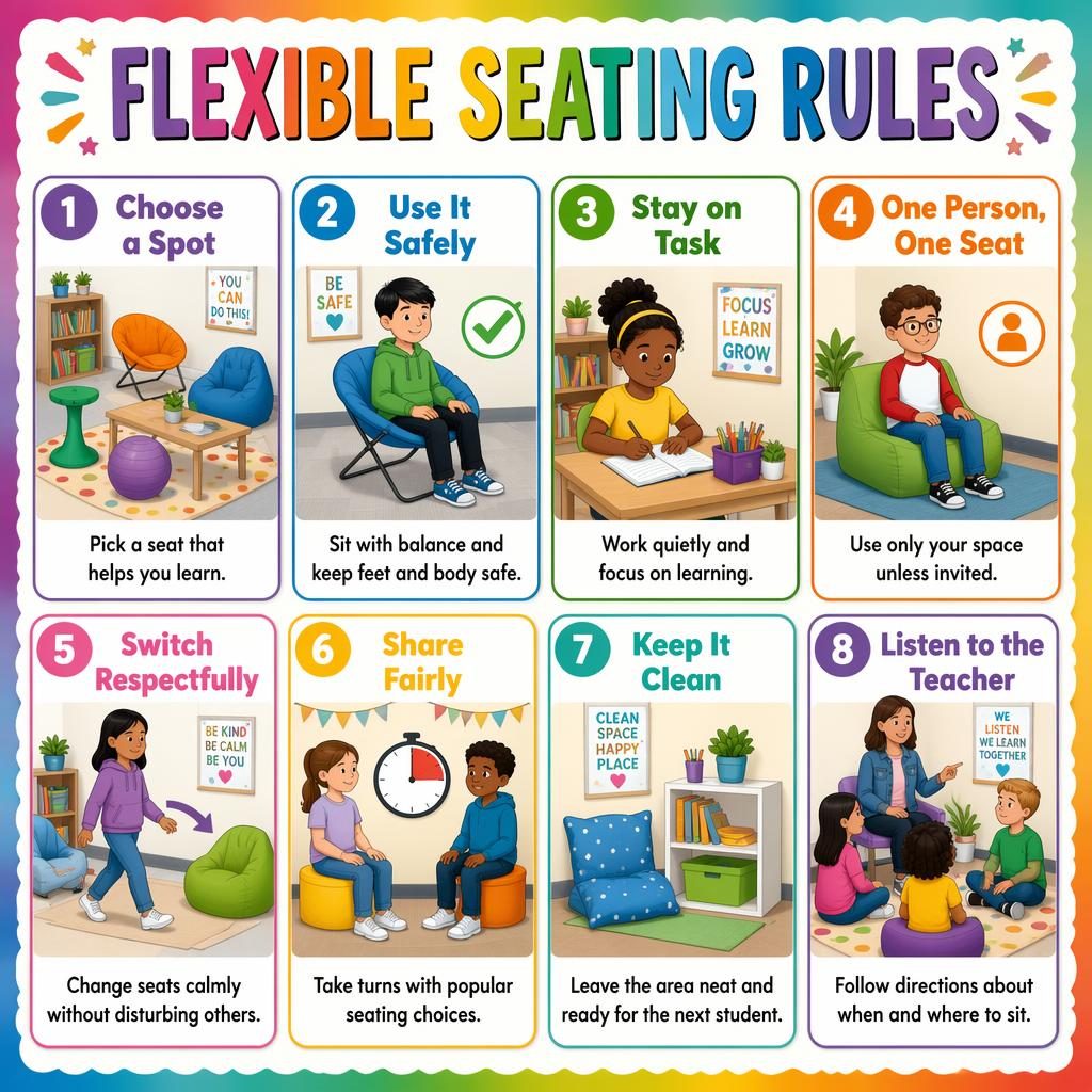 Colorful classroom poster with 8 grid cards showing flexible seating rules, icons, English labels, and diverse kids.