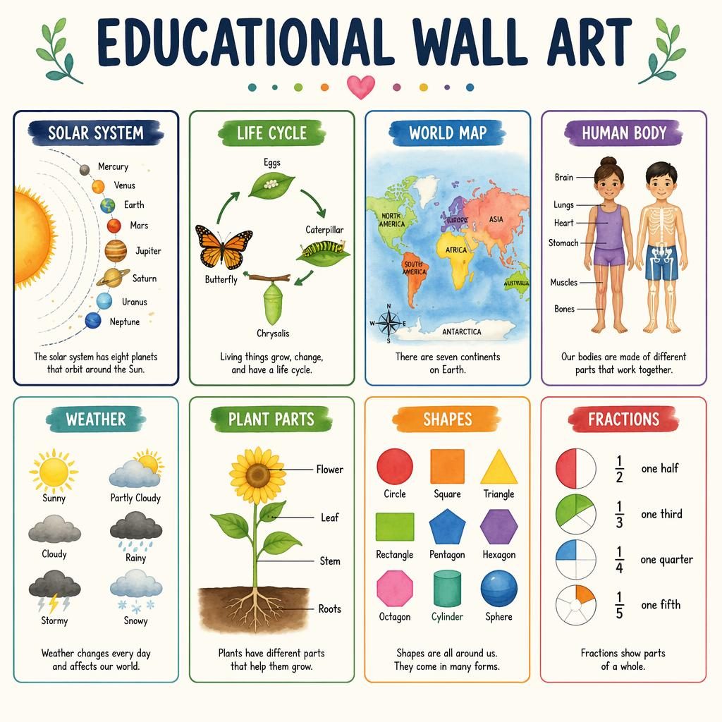 8-card educational wall art poster with icons for solar system, life cycle, world map, human body, weather, plant parts, shapes, and fractions.