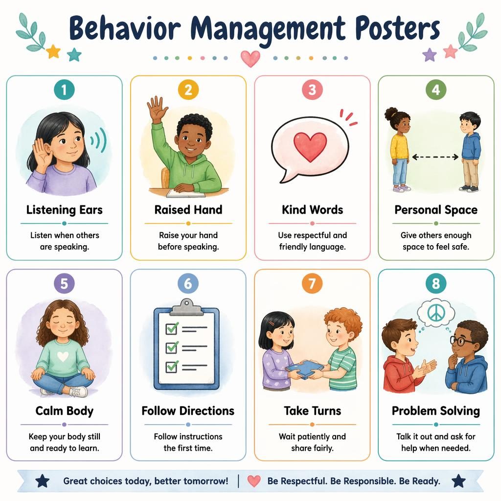 Classroom poster grid with 8 behavior cards, child icons, English labels, soft watercolor accents, and inclusive kids.