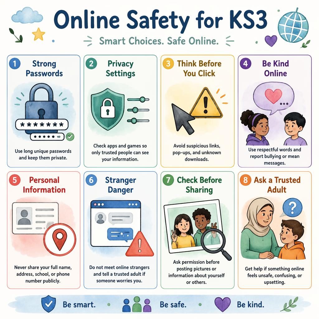 Educational poster titled Online Safety for KS3 with 8 illustrated safety cards, icons, short tips, and diverse children.