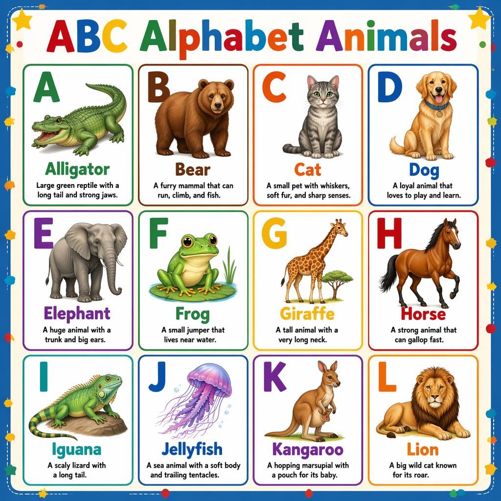Colorful classroom poster with 12 alphabet animal cards from A to L in a rounded grid with clear English labels