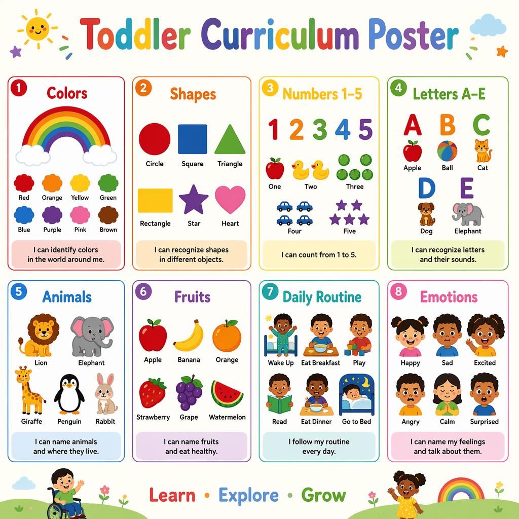 Colorful toddler curriculum poster with 8 classroom-style cards for colors, shapes, numbers, letters, animals, fruits, routine, and emotions.