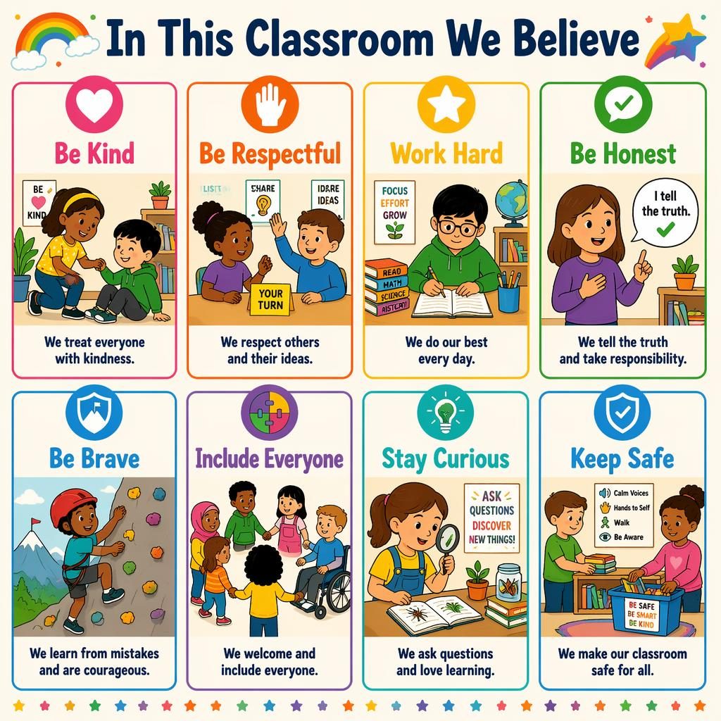 Colorful classroom poster with 8 illustrated belief cards, diverse children, rainbow palette, icons, and clear English text.