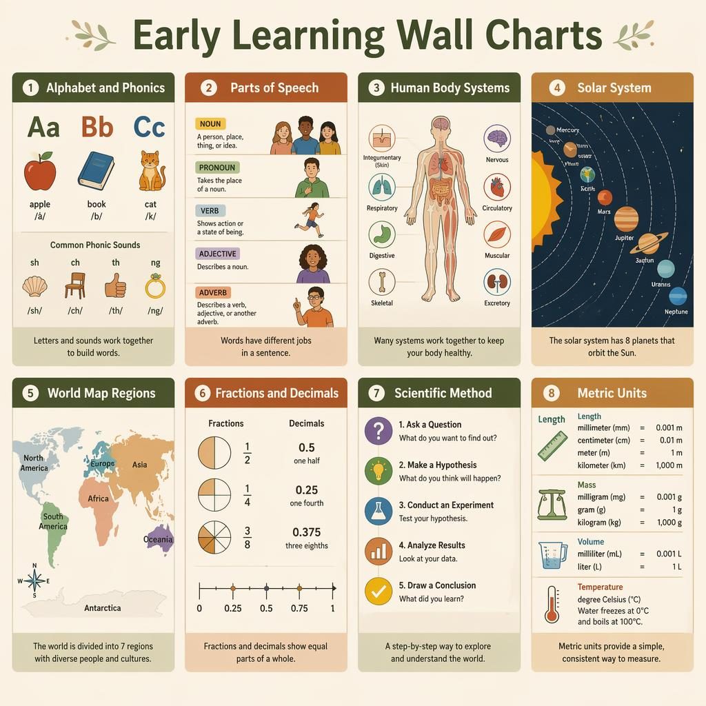 Educational poster grid with 8 cards on alphabet, grammar, body systems, solar system, map, fractions, science method, metric units.