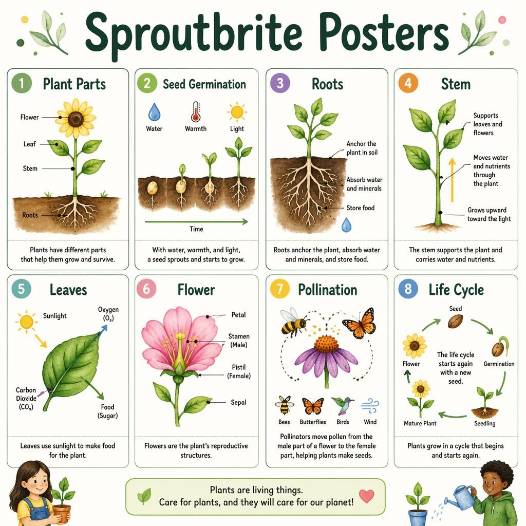 Educational poster grid with 8 plant science cards showing plant parts, germination, roots, stem, leaves, flower, pollination, life cycle.