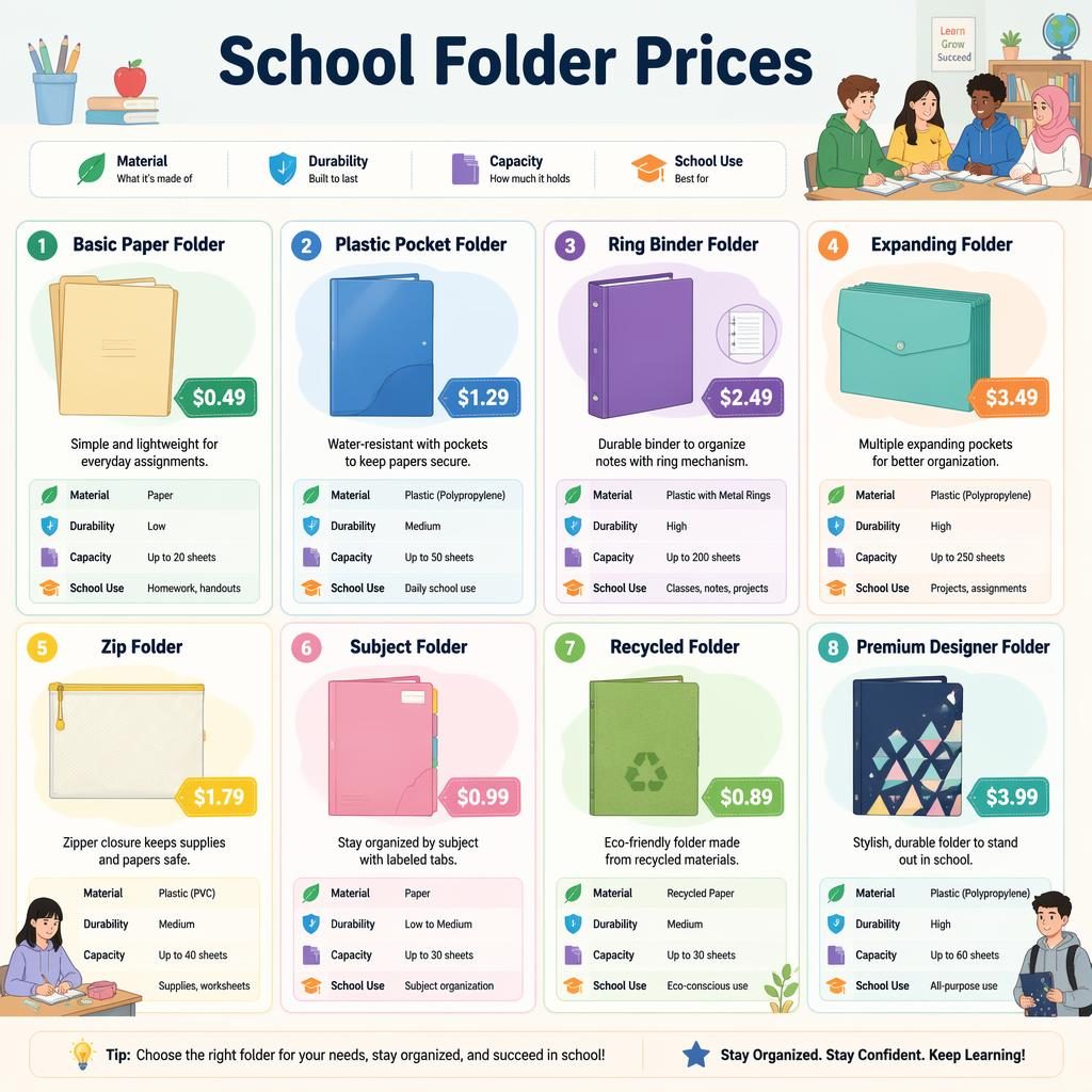 Infografía con 8 tarjetas de carpetas escolares, ilustraciones planas, nombres en inglés y etiquetas de precio visibles.