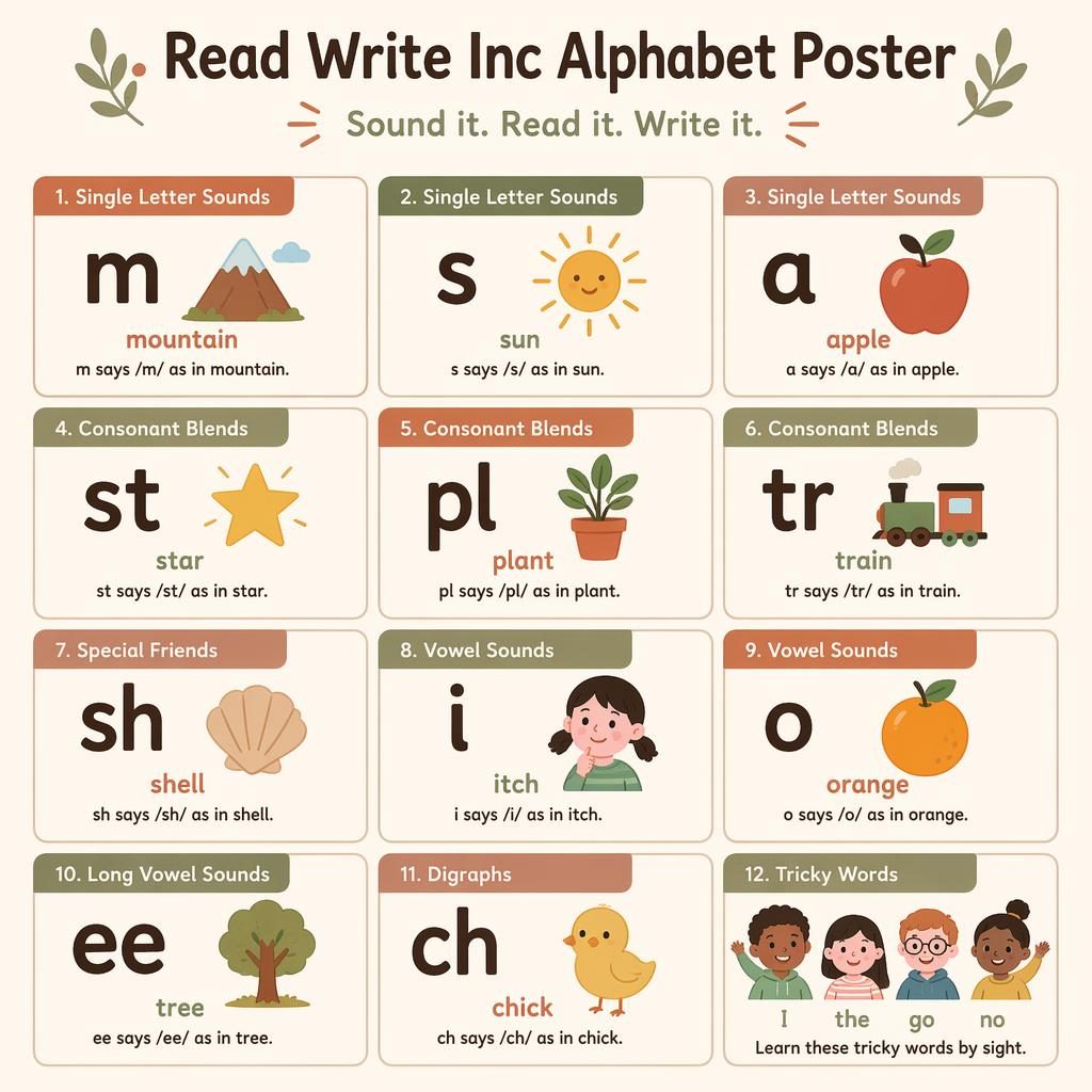 Minimal classroom poster with 8–12 phonics cards in a warm earth-tone grid for early alphabet learning.