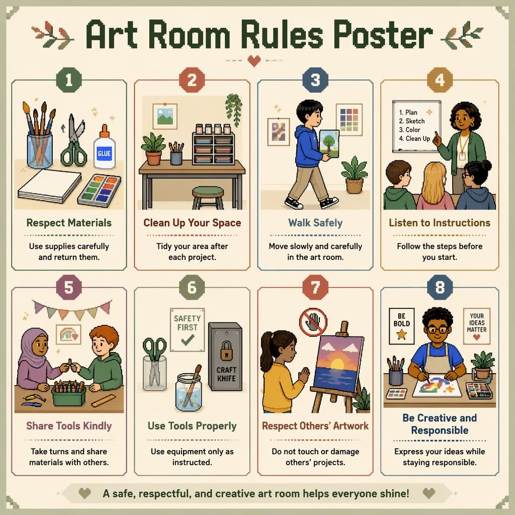 Pixel art art room rules poster with 8 classroom cards showing safe tools, cleanup, sharing, listening, and respect.