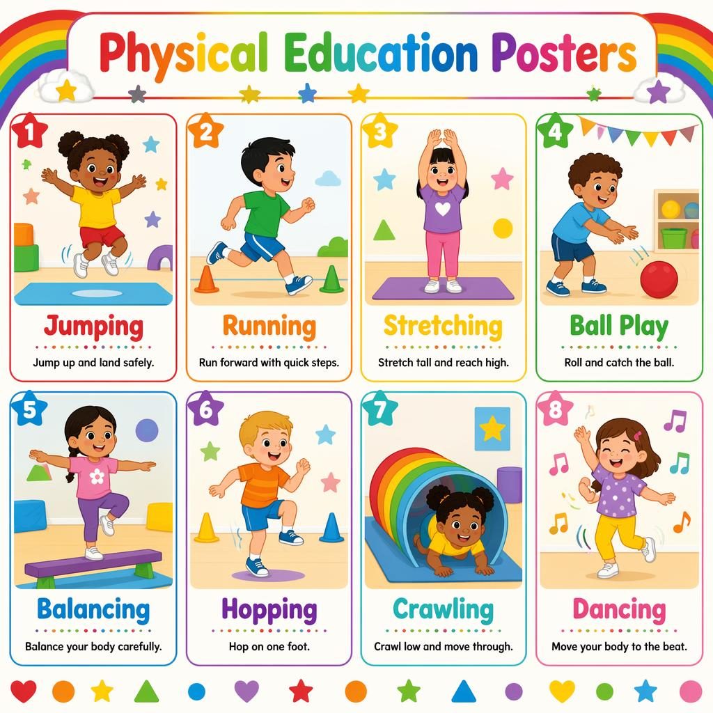 Colorful classroom infographic with 8 physical education posters cards for toddlers, showing jumping, running, stretching, and more.