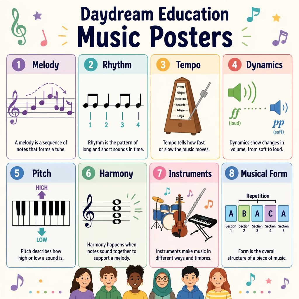 Educational poster with 8 pastel music concept cards in a grid: melody, rhythm, tempo, dynamics, pitch, harmony, instruments, form.