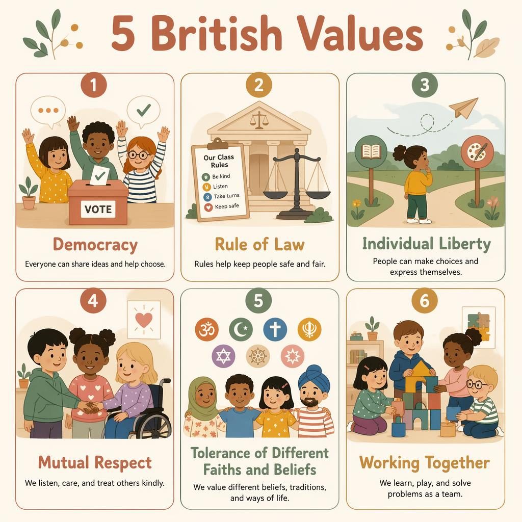3x2 classroom poster grid with 6 illustrated cards teaching British values using diverse children, icons, and English labels.